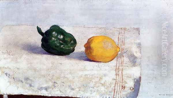 Pepper And Lemon On A White Tablecloth Oil Painting by Odilon Redon