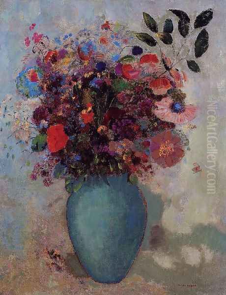 Flowers In A Turquoise Vase Oil Painting by Odilon Redon