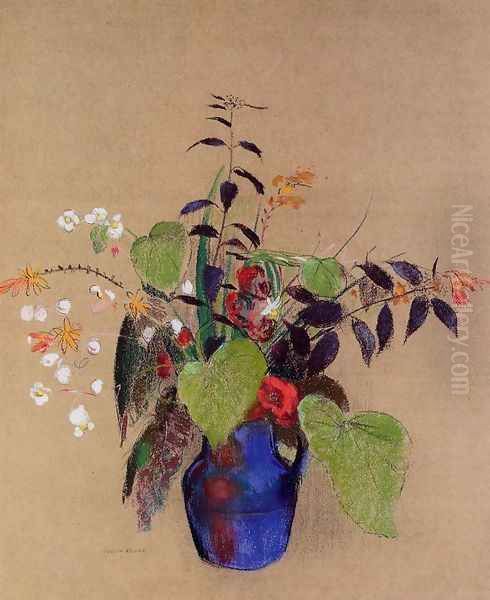 Flowers In A Blue Jug Oil Painting by Odilon Redon