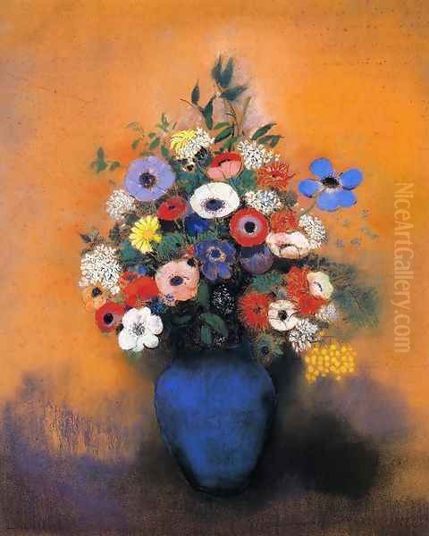 Minosas Anemonies And Leaves In A Blue Vase Oil Painting by Odilon Redon