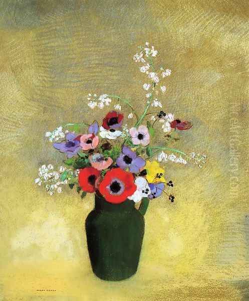 Flowers In A Green Pitcher Oil Painting by Odilon Redon