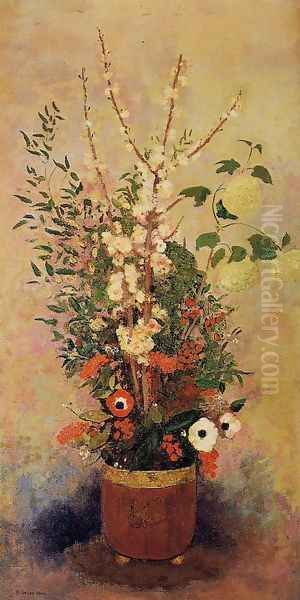 Vase Of Flowers With Branches Of A Flowering Apple Tree Oil Painting by Odilon Redon