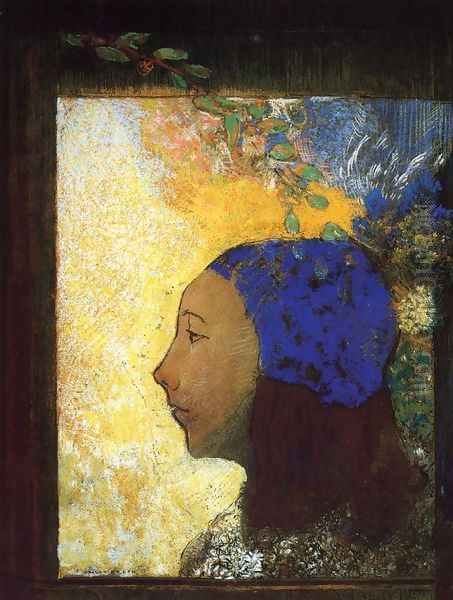 Young Girl In A Blue Bonnet Oil Painting by Odilon Redon