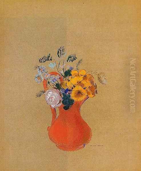 Flowers In A Red Pitcher Oil Painting by Odilon Redon