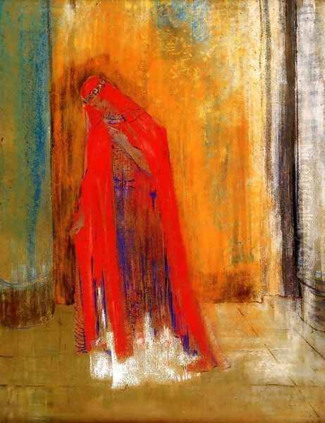 Woman In Red Oil Painting by Odilon Redon