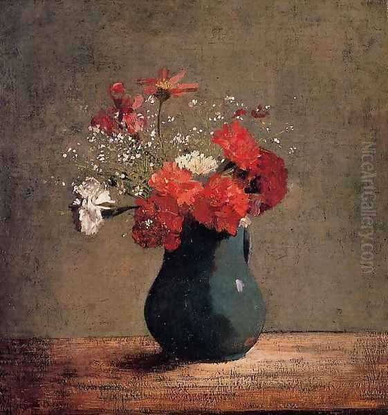 Oeiollets Et Gypsophile Dans Un Pichet Vert Oil Painting by Odilon Redon