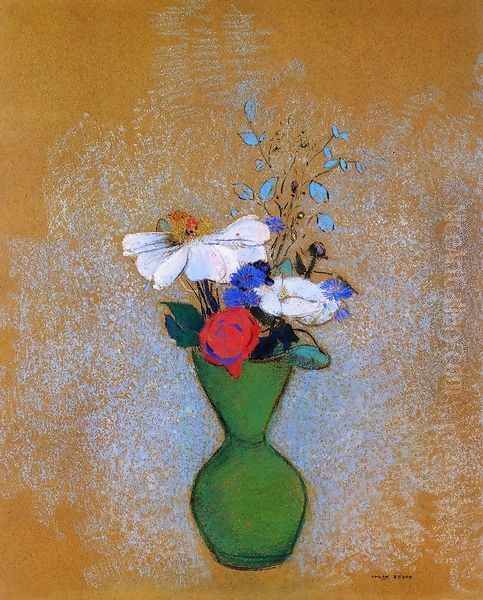 Rose Peony And Cornflowers In A Green Vase Oil Painting by Odilon Redon