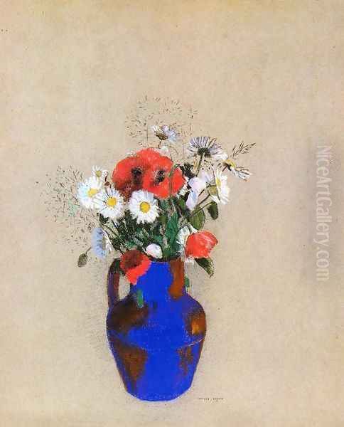 Poppies And Daisies In A Blue Vase Oil Painting by Odilon Redon