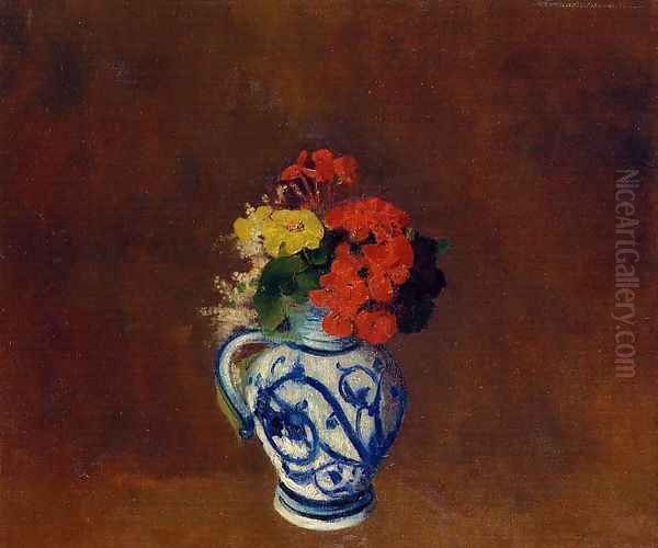 Flowers In A Vase With Blue Decoration Oil Painting by Odilon Redon