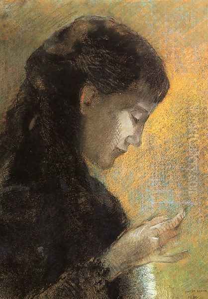 Portrait Of Madame Redon Embroidering Oil Painting by Odilon Redon