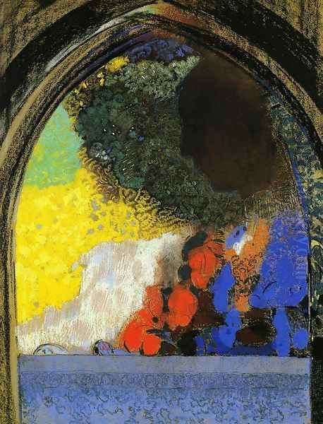 Woman In Profile Under A Gothic Arch Oil Painting by Odilon Redon