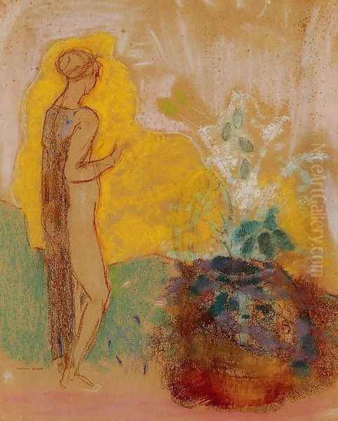 Woman And Stone Pot Full Of Flowers Oil Painting by Odilon Redon