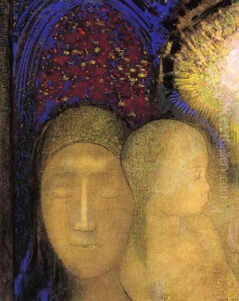 Woman And Child Against A Stained Glass Background Oil Painting by Odilon Redon