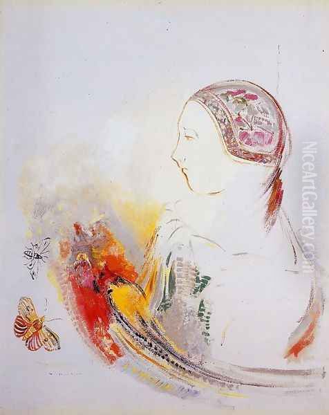 Profile Of A Child Aka Profile Of A Girl With Bird Of Paradise Oil Painting by Odilon Redon