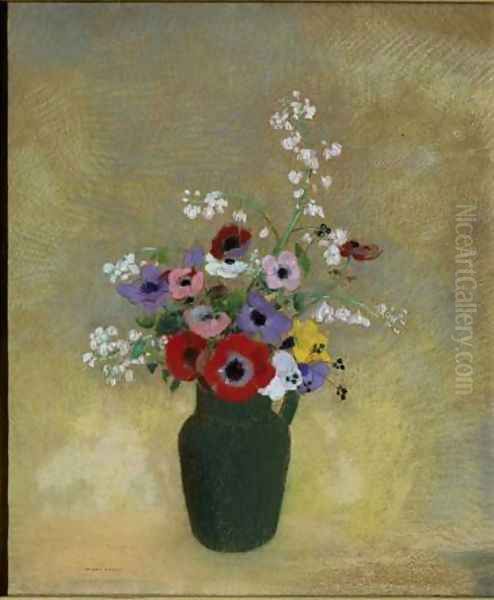 Large Green Vase with Mixed Flowers Oil Painting by Odilon Redon