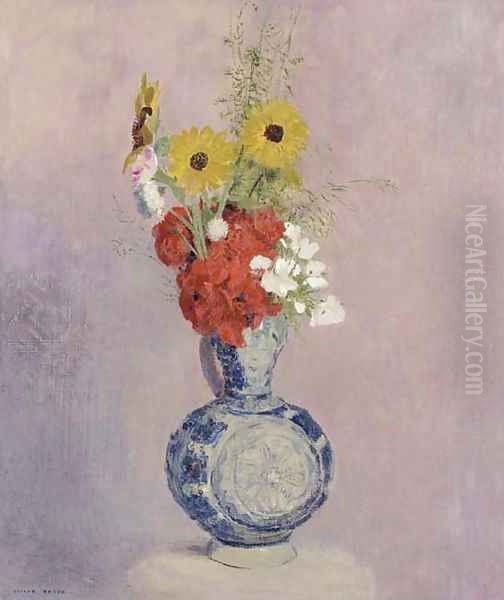 Bouquet de fleurs dans un vase bleu Oil Painting by Odilon Redon