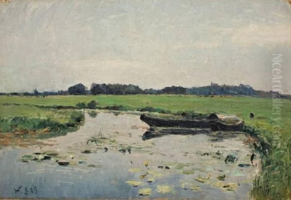 Hamme Mit Kahnen Oil Painting by Otto Modersohn