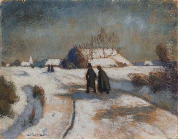 Winterlandschaft Mit Kirchgangern Oil Painting by Otto Modersohn