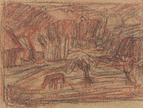 Village Square With Horse. 
Charcoal And Red Chalk On Paper. - Corners Minimally Creased. Margin 
Minimally Stained Oil Painting by Otto Modersohn