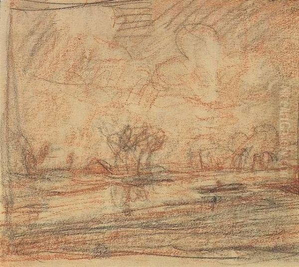 Landscape With Trees. Charcoal And Red Chalk On Paper. - Minimally Stained Oil Painting by Otto Modersohn