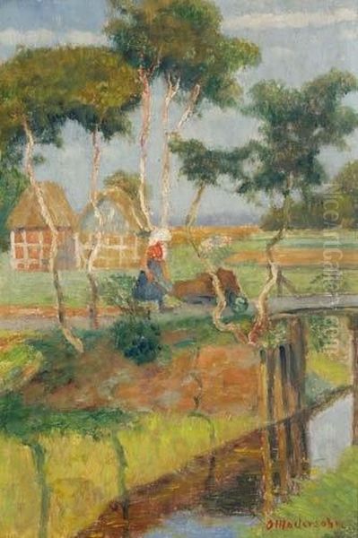 Moorbrucke - Landschaft Mit Bauerin Und Hausern Oil Painting by Otto Modersohn