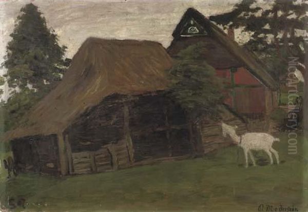 Moorhof Mit Ziege, Worpswede - Farm With Goat, Worpswede Oil Painting by Otto Modersohn