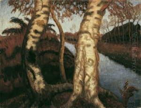 Birken Am Moorkanal. Um 1915. Ruckseitig: Dorfstrase In Fischerhude Oil Painting by Otto Modersohn