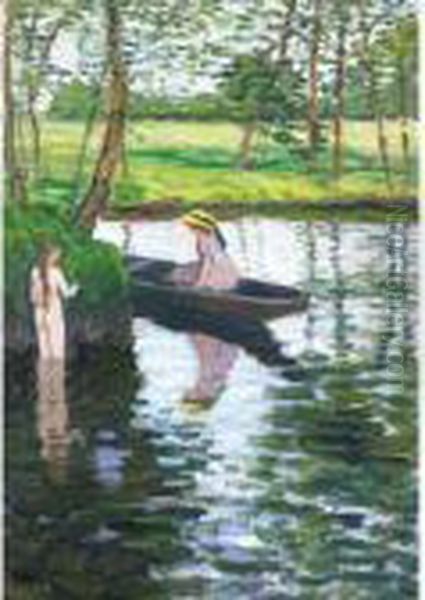 Sommerliche Wummelandschaft Mit Madchen Und Boot Oil Painting by Otto Modersohn