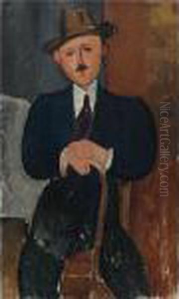 Homme Assis (appuye Sur Une Canne) Oil Painting by Amedeo Modigliani