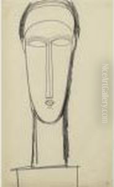 Tete De Face Posee Sur Un Socle Oil Painting by Amedeo Modigliani