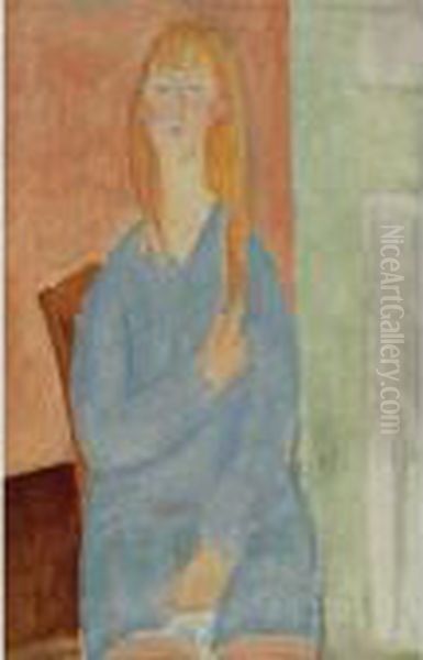 Jeune Fille Assise, Les Cheveux Denoues (jeune Fille En Bleu) Oil Painting by Amedeo Modigliani