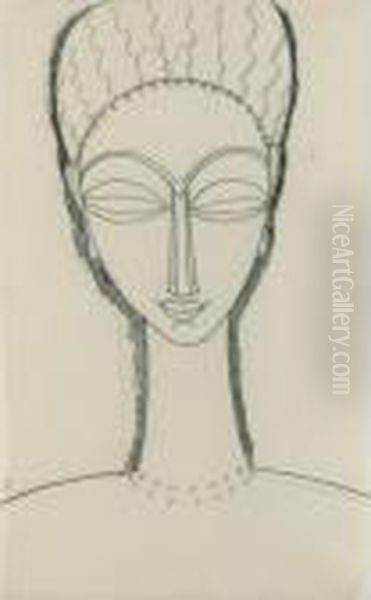 Tete De Face Avec Double Collier Et Boucles D'oreilles Oil Painting by Amedeo Modigliani