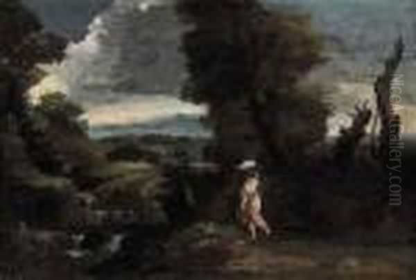 A Wooded Landscape With A Washerwoman Approaching A Stream Oil Painting by Pier Francesco Mola