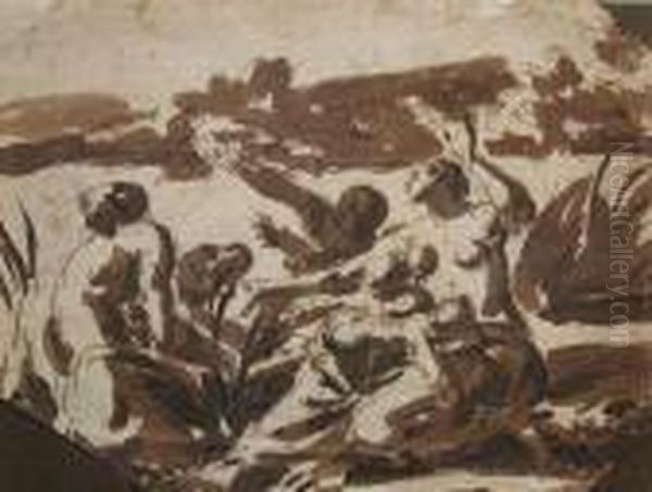 The Crossing Of The Red Sea 
Black Chalk And Brown Wash14 X 19cm French School Harvesters Resitng 
Pen Andbrown Ink 10 X 9cm Two Oil Painting by Pier Francesco Mola