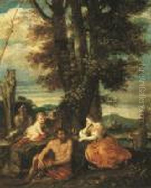 Putto, Satyre Et Bacchante Dans Un Paysage Arcadien Oil Painting by Pier Francesco Mola