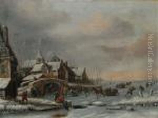 Hollandische Winterlandschaft 
Miteingefrorenem Stadtbild Und Reicher Figurenstaffage Beim Eislauf Oil Painting by Jan Miense Molenaer