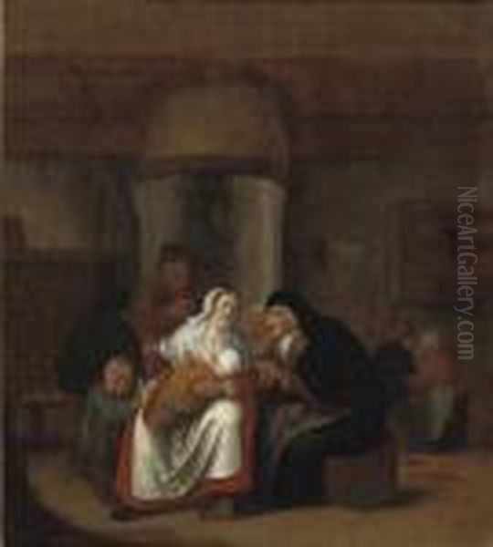 A Woman Holding A Child In An 
Interior, An Old Woman Sitting Next To Her And Other Figures In The 
Background Oil Painting by Jan Miense Molenaer