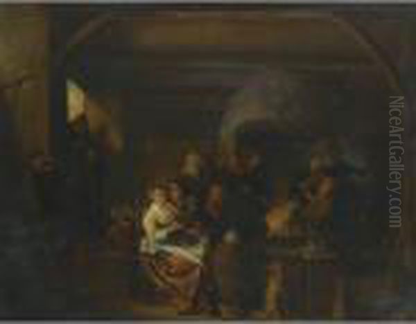 The Interior Of A Tavern With Peasants Cavorting And Drinking Oil Painting by Jan Miense Molenaer