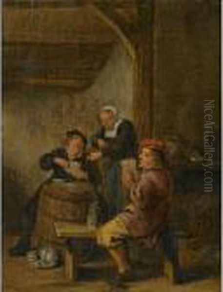 Tavern Interior With Peasants Playing Cards Oil Painting by Jan Miense Molenaer