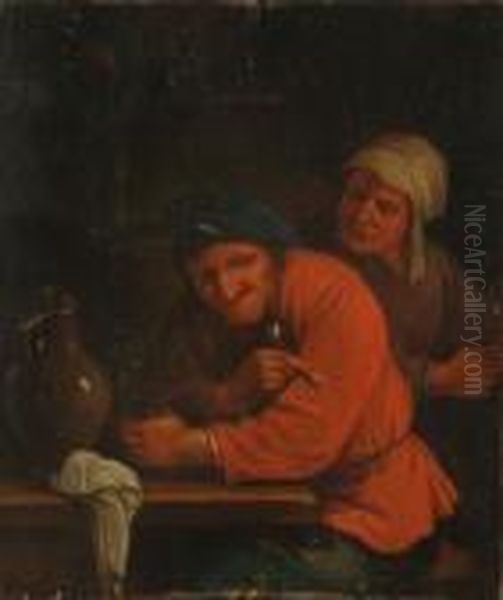 Two Peasants In A Tavern Interior Oil Painting by Jan Miense Molenaer