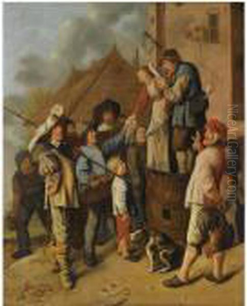 A Man And A Woman Standing On 
Barrels Reading A Newspaper Out Loud,surrounded By A Group Of Figures, 
Outside A Tavern Oil Painting by Jan Miense Molenaer