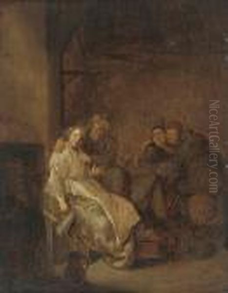 Peasants Carousing In A Tavern Interior Oil Painting by Jan Miense Molenaer