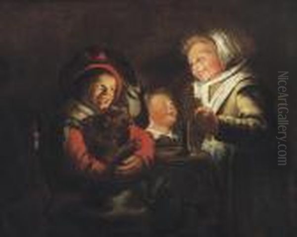 Two Girls And A Boy With A Dog By Candle Light Oil Painting by Jan Miense Molenaer