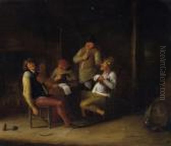 Tavern Scenery. Reveller Making Music In An Amused Round. Rest Of Signiture Below Centre Oil Painting by Jan Miense Molenaer