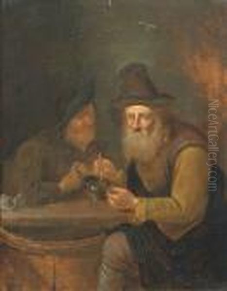 Two Men Spooning Soup. Oil/oak Oil Painting by Jan Miense Molenaer