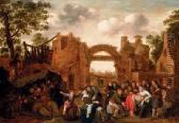 Villagers Merrymaking And Playing La Main Chaude Amongst Ruins Oil Painting by Jan Miense Molenaer