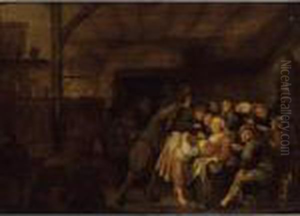 Peasants In An Inn Playing Oil Painting by Jan Miense Molenaer