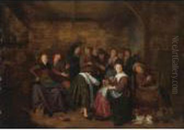 Peasants In An Inn Playing Oil Painting by Jan Miense Molenaer