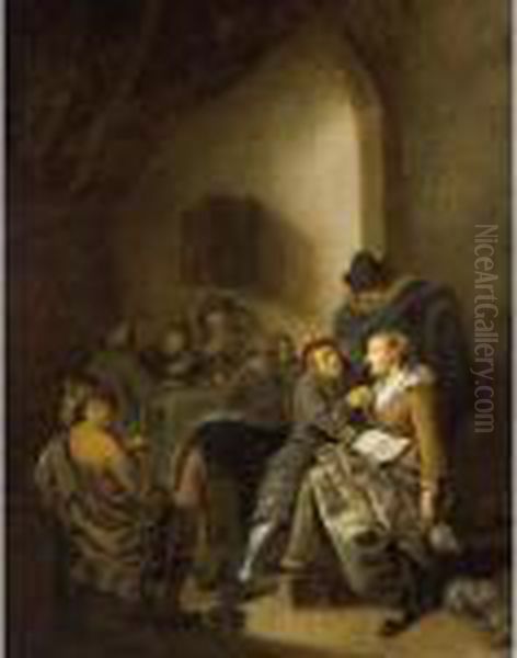 An Amorous Couple In An Inn With
 Other Figures Drinking And Playing Cards In The Background Oil Painting by Jan Miense Molenaer