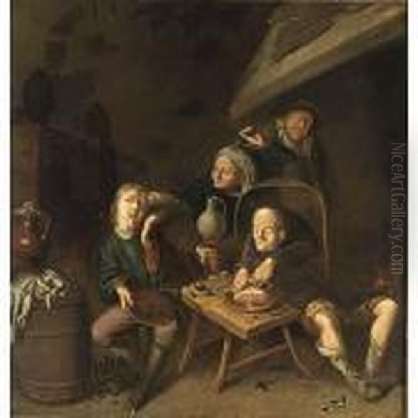 Peasants Drinking And Eating Near A Fireplace Oil Painting by Jan Miense Molenaer